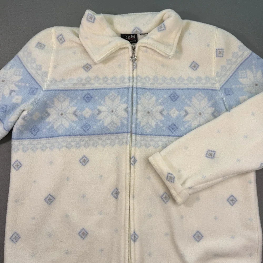 Womens C&B White Fleece Winter Cardigan Jacket Zipper Sz‎ L Snowflake Snow